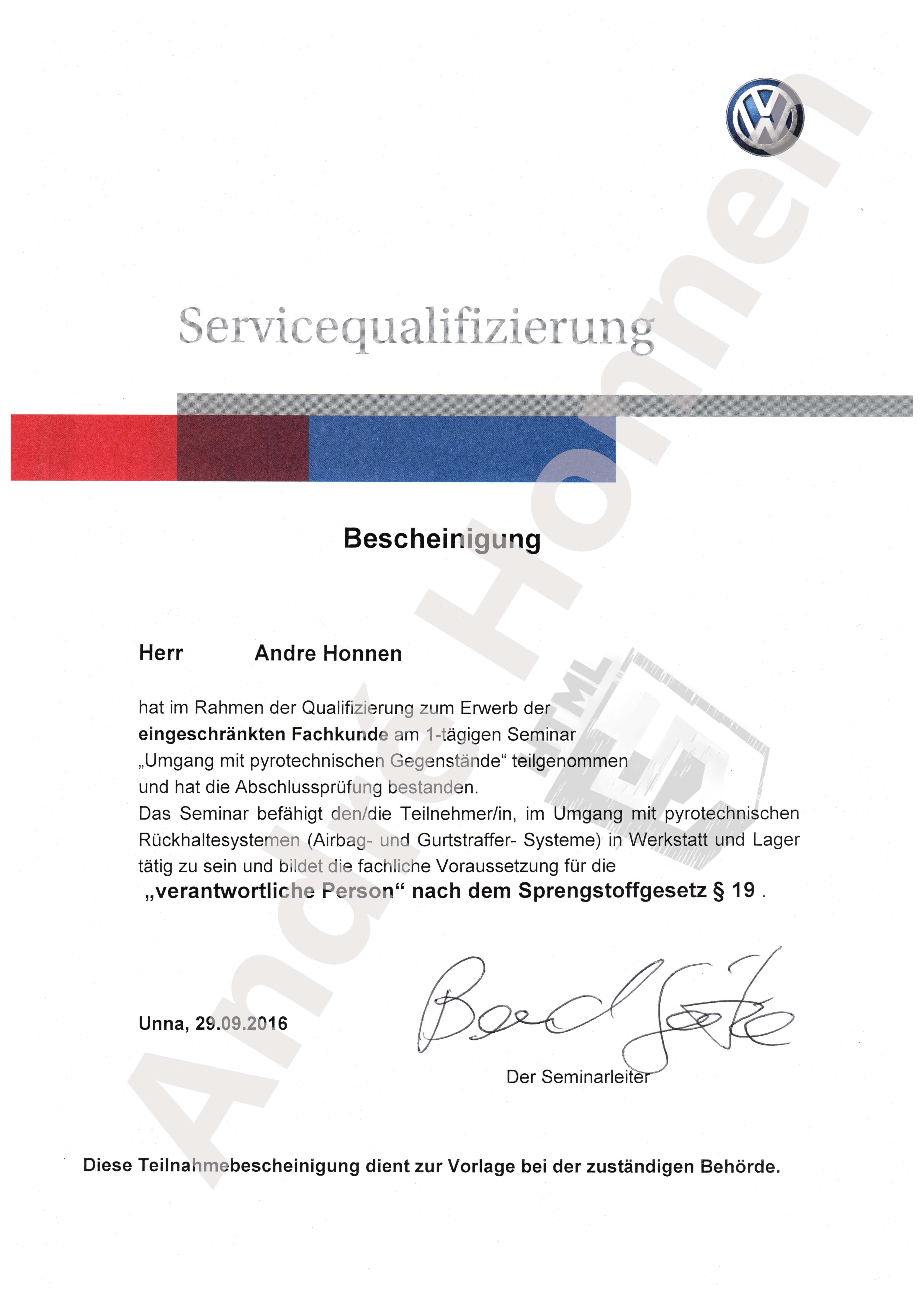 Fachkundennachweisan pyrotechnischen Rückhaltesysteme im Fahrzeug